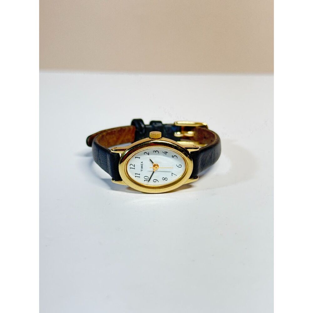 Timex Women's Gold Tone Oval Quartz Watch White Dial Black Leather